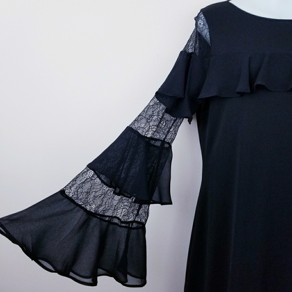 WHBM | Black Ruffled Lace Bell Sleeve Shift Dress - Picture 5 of 8